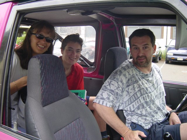 In the car: Caroline, Christelle and Daniel