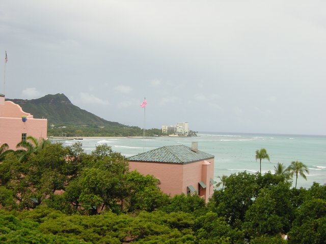 View from Amy'r room on the Royal Hawaiian Hotel (pink building), Diamond Head and the ocean