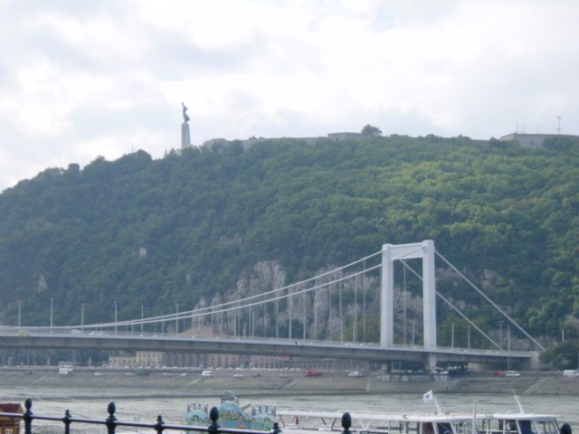 The Danube, a bridge and the statue at the top of the hill that was supposed to hold a plane and that holds a palm