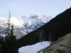 Vue sur la foret et les montagnes enneigees