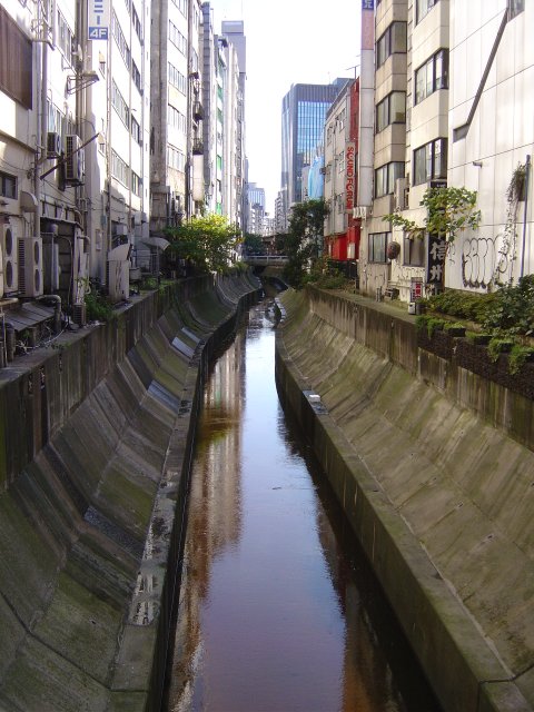 Narrow river running between high buildings