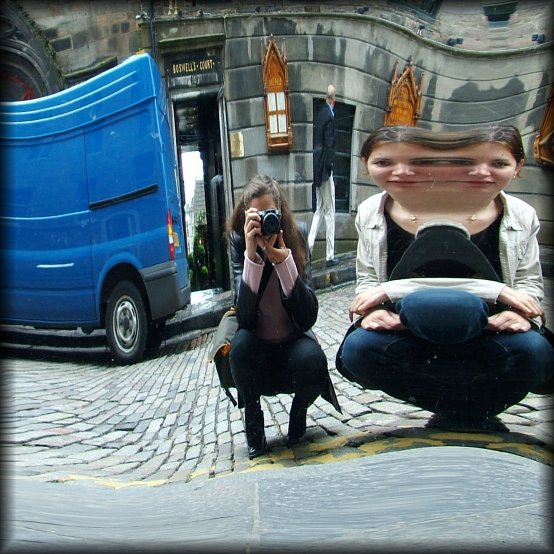 Distortion mirror, Camera Obscura. Little Coco and two-headed tall Alex