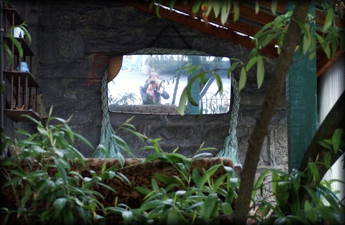 Me in another mirror. Hanging from the stone wall in the patio of the Old Monastery Hostel.