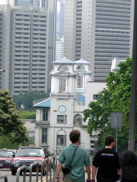 Ian and Daniel's backs, taxis, church, buildings
