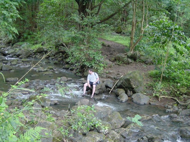 Daniel waiting for the girls sitting on a boulder by a stream