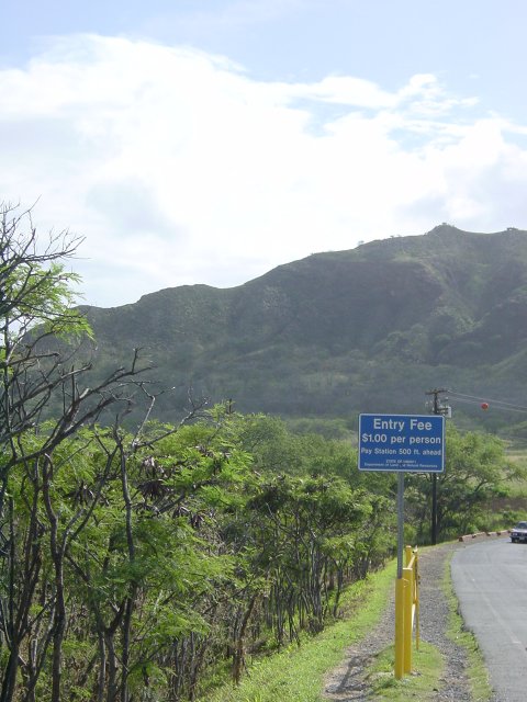 Entering the crater. Sign announcing the 1 dollar entrance fee