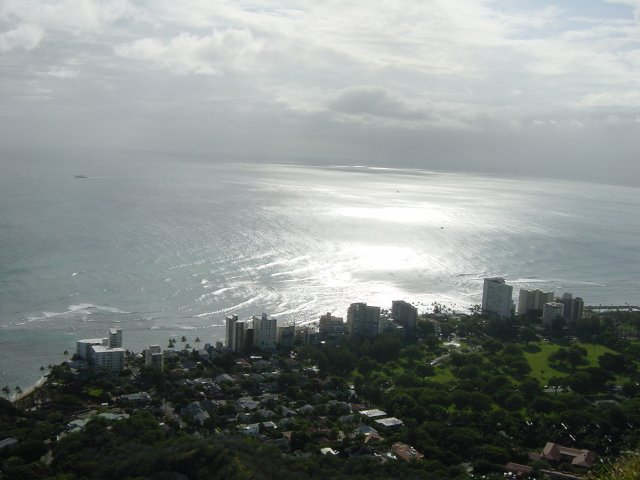 View from the highest point on the ocean and the buildings on the shore of Waikiki beach