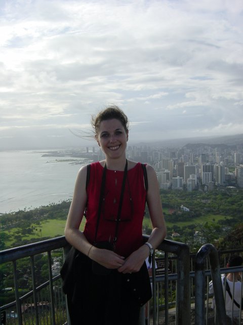 Coralie with a view of Waikiki beach in the back