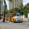 Orange train on wheels