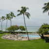 Sunny day : swimming pool of the Sheraton, palm trees, ocean and blue sky